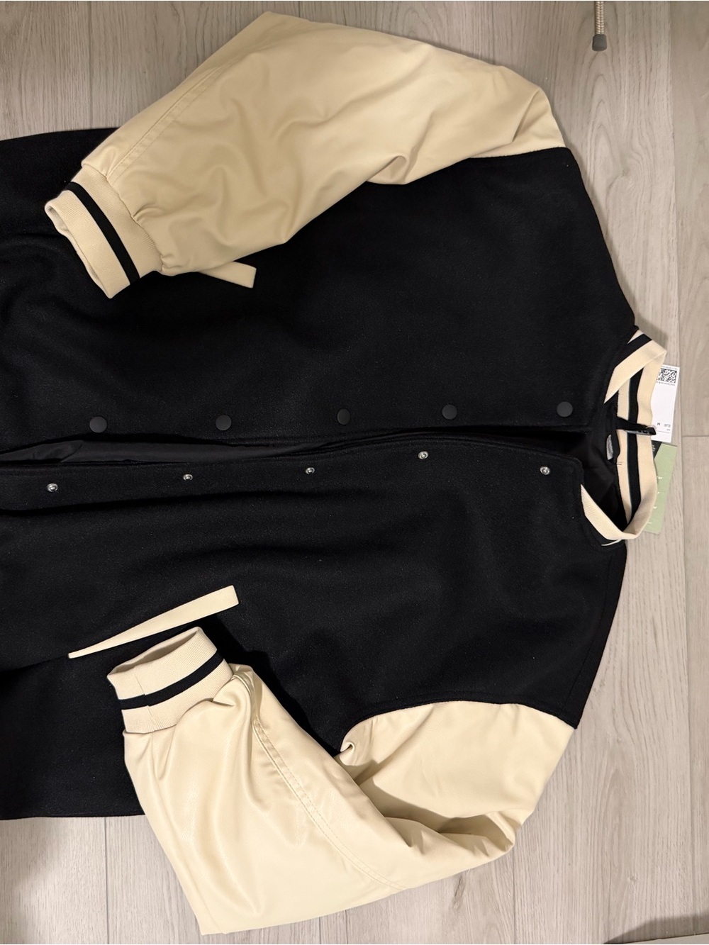 Mango Two-Tone Black and Cream Varsity Bomber Jacket